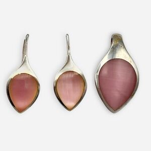 SU Thailand Pink Mother of Pearl Teardrop Earrings Pendant Sterling Silver Set